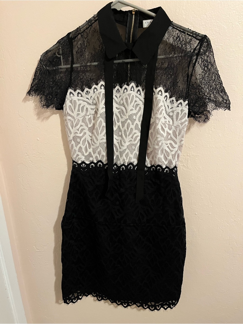 SANDRO Black and White Lace Sheath Dress with Ribbon Collar